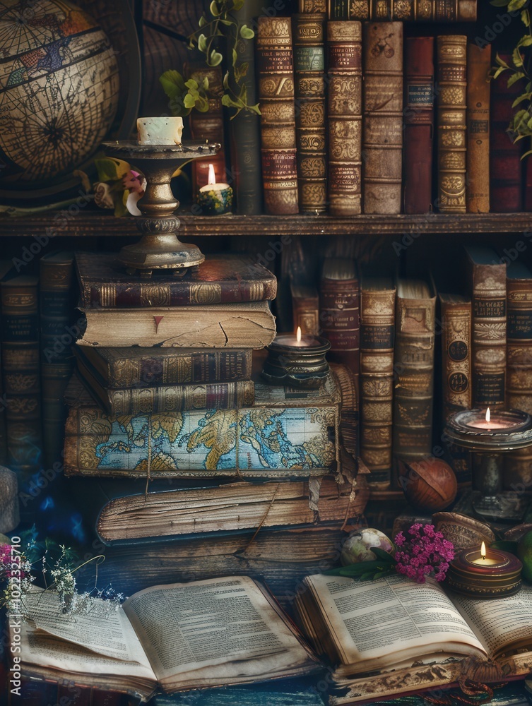 Fototapete ancient books and scrolls rest on a wooden table, illuminated by candlelight, showcasing historical 