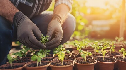 Photograph of a farmer carefully inspecting and nurturing vegetable sprouts in a greenhouse showcasing the early stages of sustainable agricultural practices and the growth of healthy organic crops