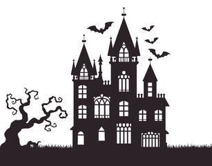 Fototapeta premium Mansion Silhouette with Bats and Trees Vector EPS Template