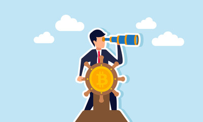 A businessman looks through a telescope from a captain's deck labeled with a Bitcoin coin, illustrating the vision of analyzing stock movements or Bitcoin valuation