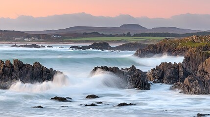 Fototapeta premium Dramatic sunset over a rugged rocky coastline with crashing waves capturing the raw power and majestic beauty of the natural world This stunning