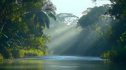 Serene river winding its way through a dense lush forest with rays of sunlight breaking through the canopy and reflecting on the calm flowing water creating a peaceful natural scene