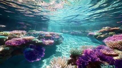 Fototapeta premium Vibrant coral reef teeming with a diversity of colorful marine life including tropical fish in a crystal clear tranquil underwater landscape