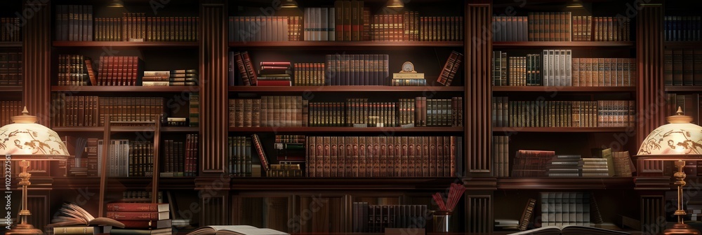 Aufkleber a collection of wooden shelves filled with various textbooks and academic literature, softly illumin