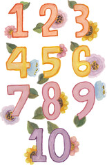 Pastel flower number hand drawn watercolour illustration clipart