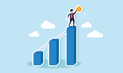 A businessman stands at the peak of a graph holding a dollar coin, illustrating the struggle of entrepreneurs to achieve business profits