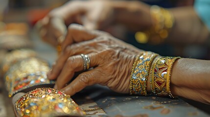 Obraz premium Artisans work crafting intricate and colorful armlets in a workshop setting with closeups of the detailed designs and the skilled craftsmanship involved
