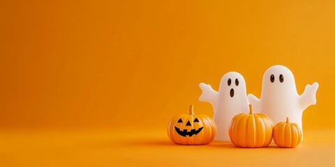 Funny Halloween ghosts celebrating with cheerful pumpkins on a bright orange background