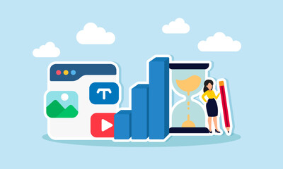 A businesswoman holding a pencil stands beside an hourglass, a graph, and multimedia, illustrating planning for business promotion through online platforms.