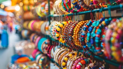 Colorful vibrant bracelets displayed at a bustling market scene featuring a variety of designs and materials in a dynamic and engaging shopping experience