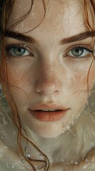 Fototapeta premium Water Portrait: Woman with Green Eyes and Wet Hair