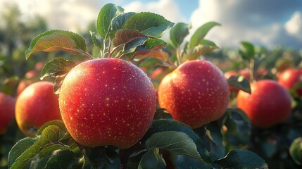 Lush apple orchard with ripe red apples ready for harvest.