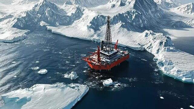 An offshore oil rig stands amidst icy waters and snow-capped mountains, highlighting industrial exploration in remote environments.