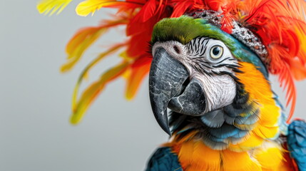 Obraz premium A colorful scarlet macaw parrot dressed in a festive costume celebrates Christmas and New Year, ideal for holiday cards or calendars, isolated on a white background with ample space for text
