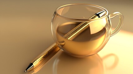 Photograph showcasing a clear glass cup with a metallic pen resting inside set against a light minimalist background with soft reflections