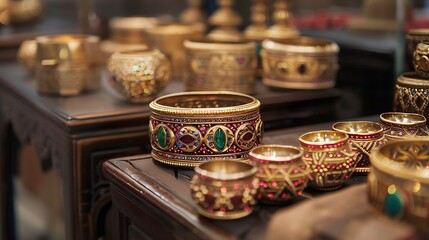 Fototapeta premium Festive intricately designed armlets showcased in a heritage setting with traditional craftsmanship and cultural elements enhancing the presentation of these accessories