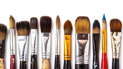 Fototapeta premium A beautifully composed arrangement of various art supplies including paintbrushes colored pencils and markers neatly displayed on a pristine white background