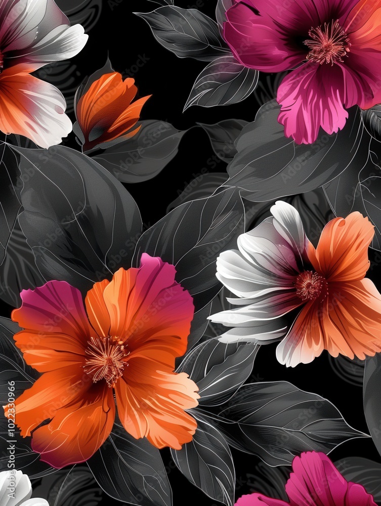 Wall mural Brightly colored flowers bloom vibrantly against a deep black background, showcasing their stunning details and natural beauty. Generative AI