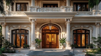 Fototapeta premium Elegant mansion entrance with ornate architecture and lush greenery.
