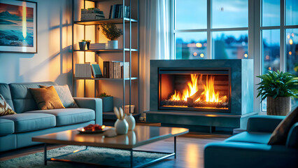 Warm Glow of Fireplace in Modern Living Room | Cozy Atmosphere with Plush Sofas & Ambient Lighting - Soft Focus Photo for Home Comfort Concept