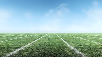 Obraz premium image showcasing a football field design featuring vibrant green grass perfectly painted white lines and detailed goalposts isolated under a clear blue sky
