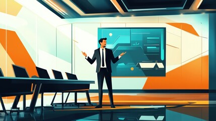 Obraz premium Man presents in futuristic office space.