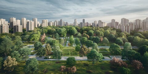Naklejka premium Aerial View of a Thriving Metropolis With Lush Green Spaces and Towering Skyscrapers