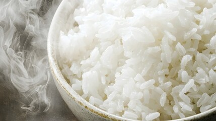 A image of freshly cooked hot steamed rice in a ceramic bowl with visible steam swirling upwards set against a warm neutral background to emphasize the texture and warmth of the rice