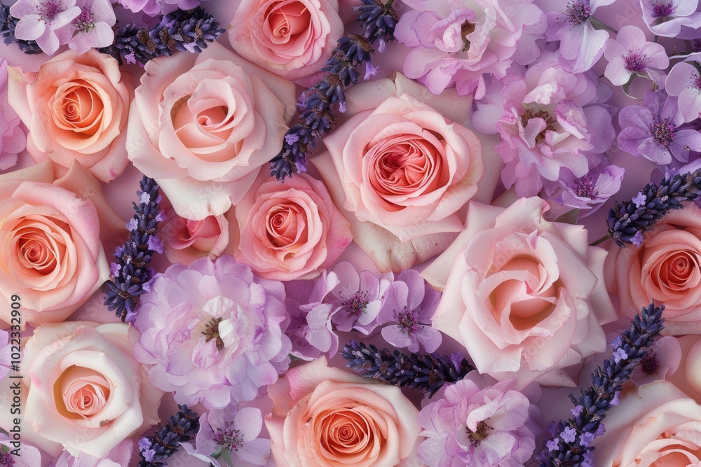 Poster soft pink roses and delicate lavender create a stunning pattern, perfect for adding a tranquil touch