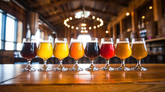 A vibrant lineup of craft beers sits on a wooden bar, showcasing a variety of colors within a warmly-lit brewery atmosphere, reflecting a lively community event.