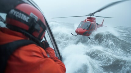 Obraz premium Rescue helicopter flying over turbulent ocean during a stormy weather scene.