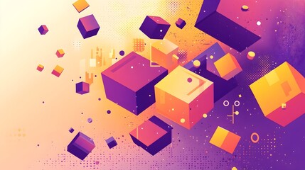 marketing design featuring bold 3D floating geometric shapes and vibrant typography set against a sleek gradient background to emphasize modernity and innovation