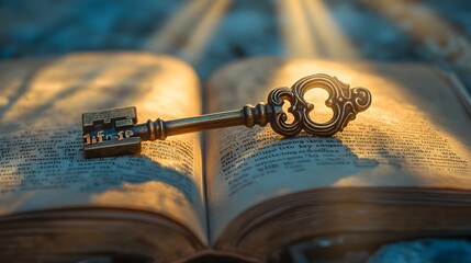 A symbolic photograph of a large ornate key resting on an open book with rays of light shining down on it representing the key to life and unlocking wisdom or knowledge