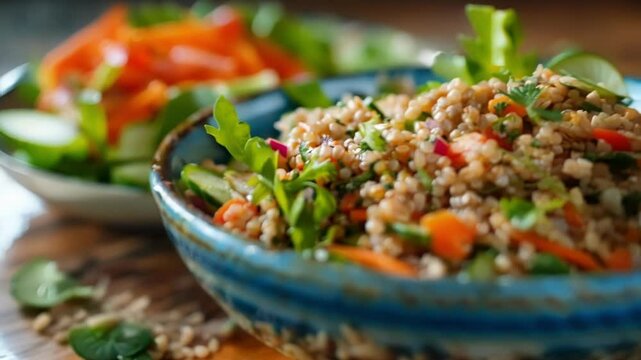 Close up of a blue bowl filled with a healthy vegan pearl barley salad, garnished with fresh herbs, with another salad in a white bowl in the background