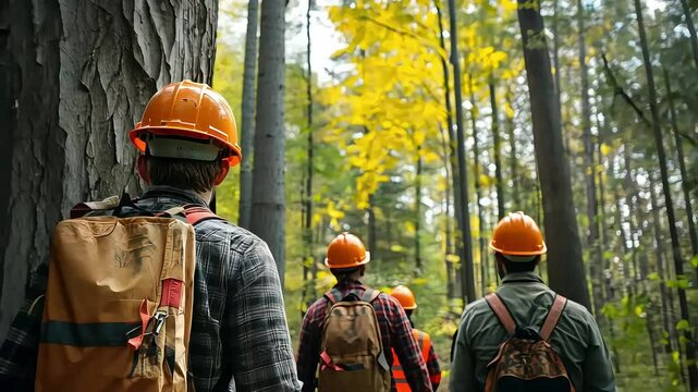 A group of workers in orange helmets walking through a forest, showcasing teamwork in a natural environment.