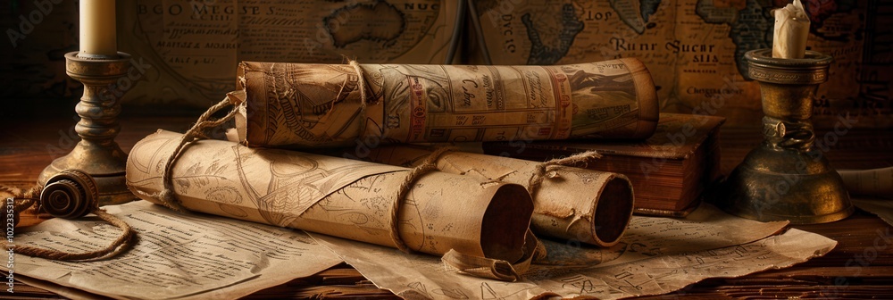 Leinwandbilder candlelight illuminates ancient scrolls and books laid out on a wooden table in a historic library f