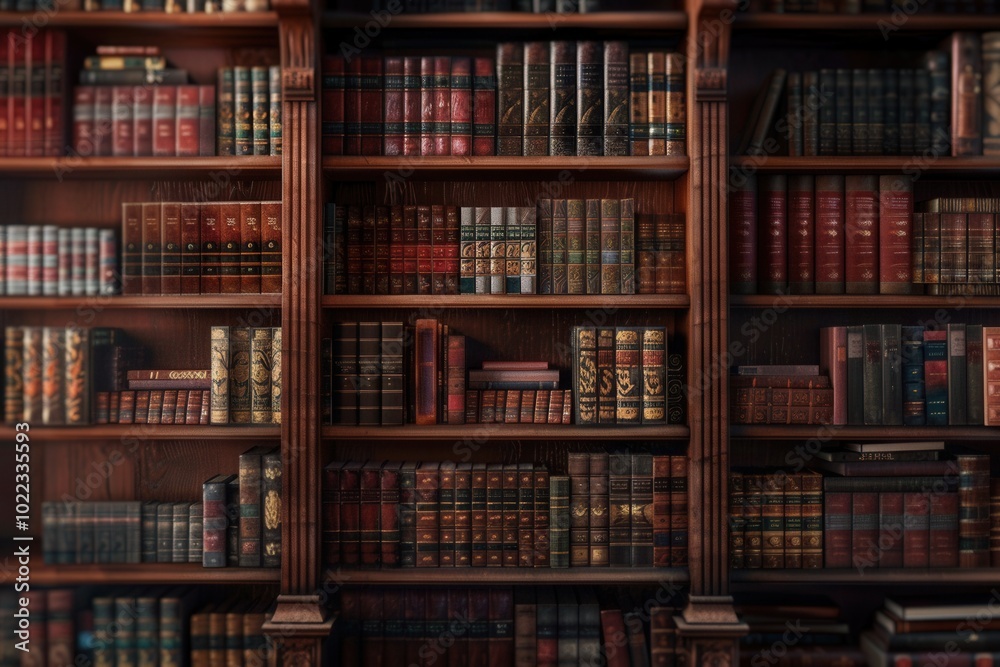 Poster the wooden shelves are packed with a diverse range of textbooks and academic literature, creating a 