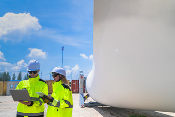 engineers in high visibility safety gear conduct a detailed inspection of a wind turbine blade at a construction site. The massive blade lays on the ground, highlighting renewable energy technology.