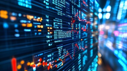 Naklejka premium Sophisticated Financial Background with a Digital Market Screen Displaying Dynamic Numbers Graphs and Analytics Showcasing the Interaction Between Business and Technology Driven Data Insights
