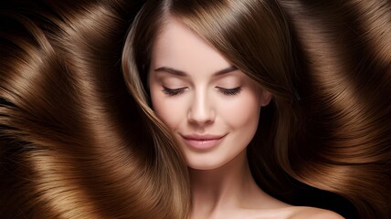 Naklejka premium Close up Shot of a Serene Woman with Closed Eyes and Luxurious Brown Hair