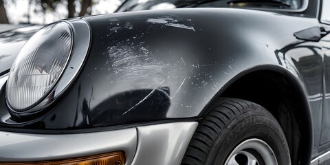 Close Up View of a Car s Damaged Fender with Shattered Headlight Shade
