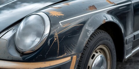 Fototapeta premium Close up View of a Damaged Metallic Car Fender with Scratches and Reflections
