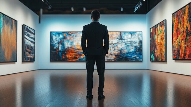 Man in suit admires abstract art in gallery.