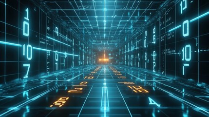 Futuristic digital corridor with glowing numbers.