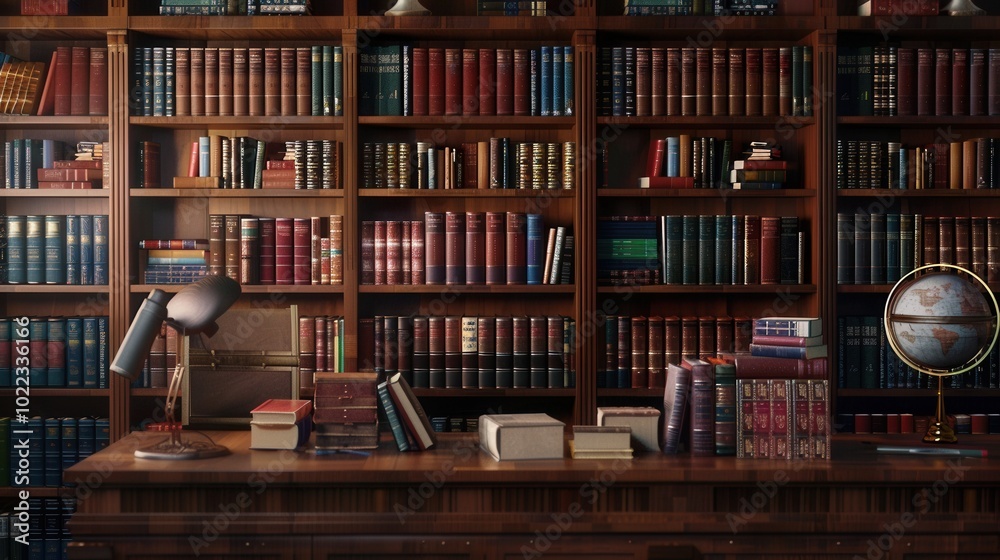 Poster wooden shelves are lined with numerous textbooks and academic literature, creating a warm and schola