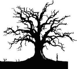 Old dry, bare tree. Black silhouette. Sketch hand drawn. Isolated on white background. Vector illustration