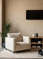 Armchair near black coffee table. Wooden shelf near stucco wall. Minimalist, nterior design of the modern living room.
