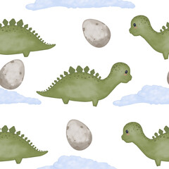 Seamless pattern with green dinosaurs, clouds and eggs, children's color watercolor illustration for printing and web