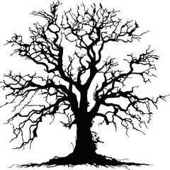 Old dry, bare tree. Black silhouette. Sketch hand drawn. Isolated on white background. Vector illustration