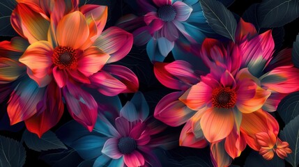 The bright, large flowers against deep green leaves on a black background create a bold visual impact. Generative AI